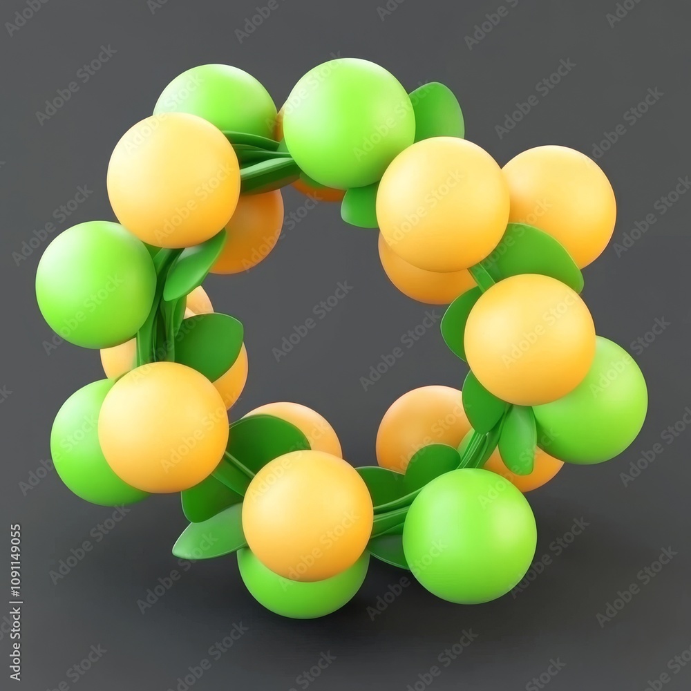 Poster an abstract geometric shape in 3d render, with spheres of random scales. isolated cloned spheres are