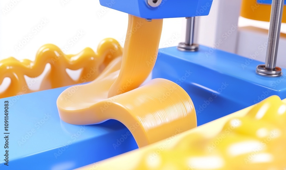 Poster the 3d printer printing objects in yellow form in closeup. this is modern 3d printing technology.