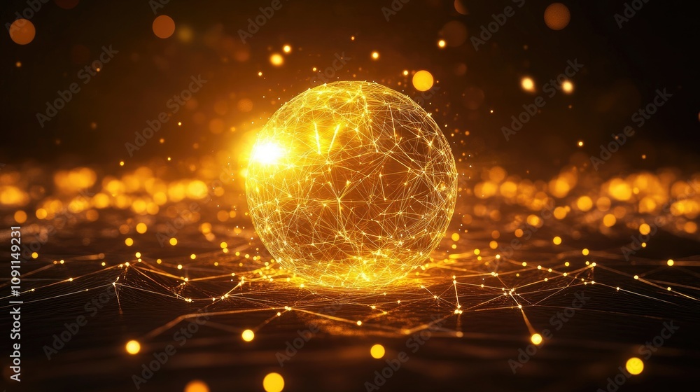 Poster glowing golden sphere in 3d space with dynamic lights