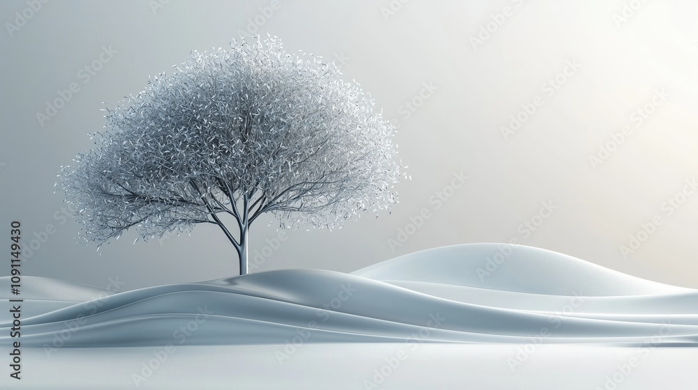 Poster serene digital illustration of a tree with delicate branches against a soft landscape, capturing the