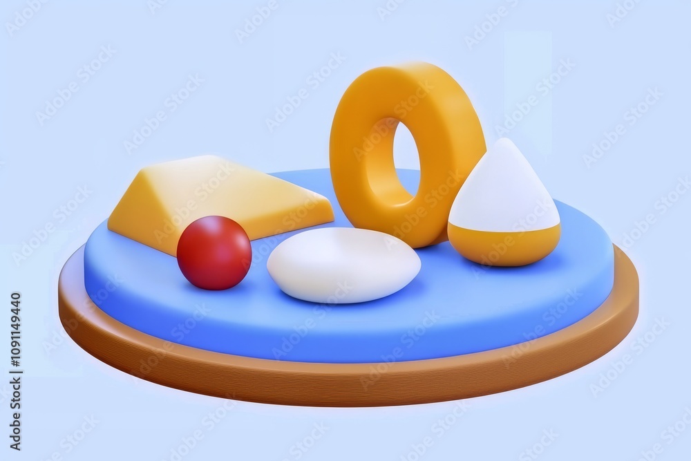 Poster a 3d image of various colorful geometric objects and shapes set against a blue background.