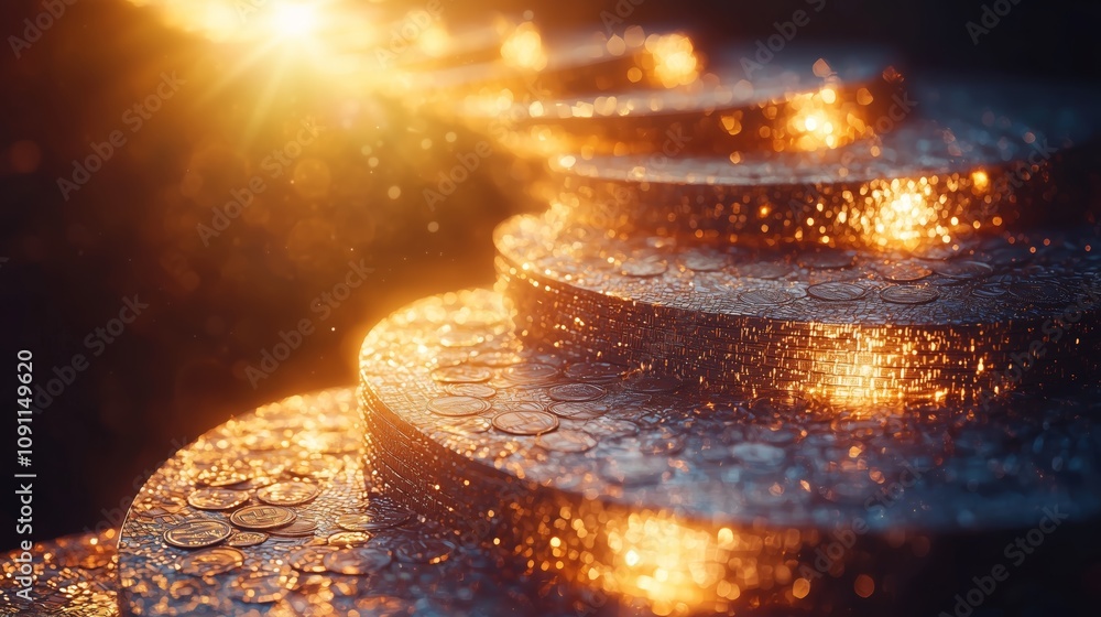 Poster ascending spiral staircase of glimmering gold coins reflecting light creating a dreamy path towards 