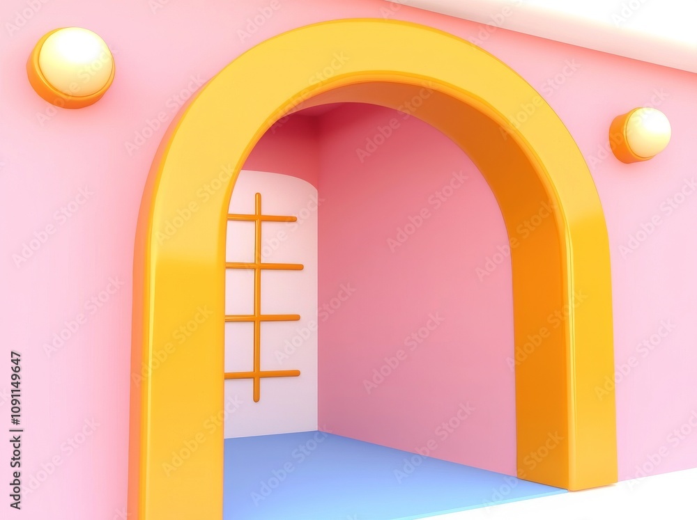 Poster an arch in the wall with illuminated slats. an empty room to show a product. 3d scene with geometric