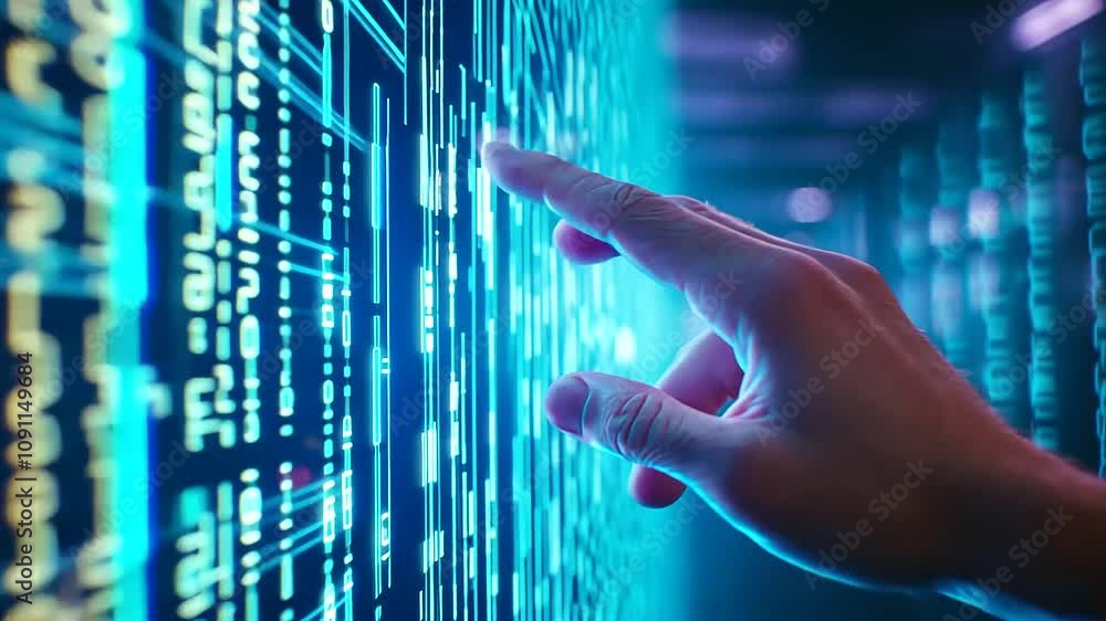 Poster man hand touching virtual screen in data center