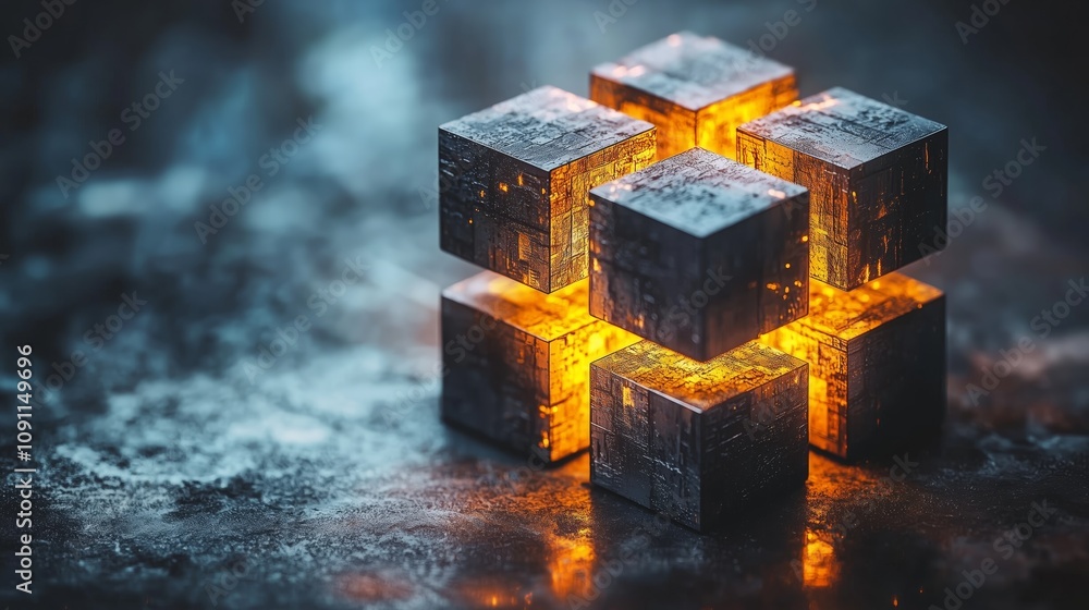 Poster futuristic cube structure composed of interlocking parts with glowing elements, set against a dark t