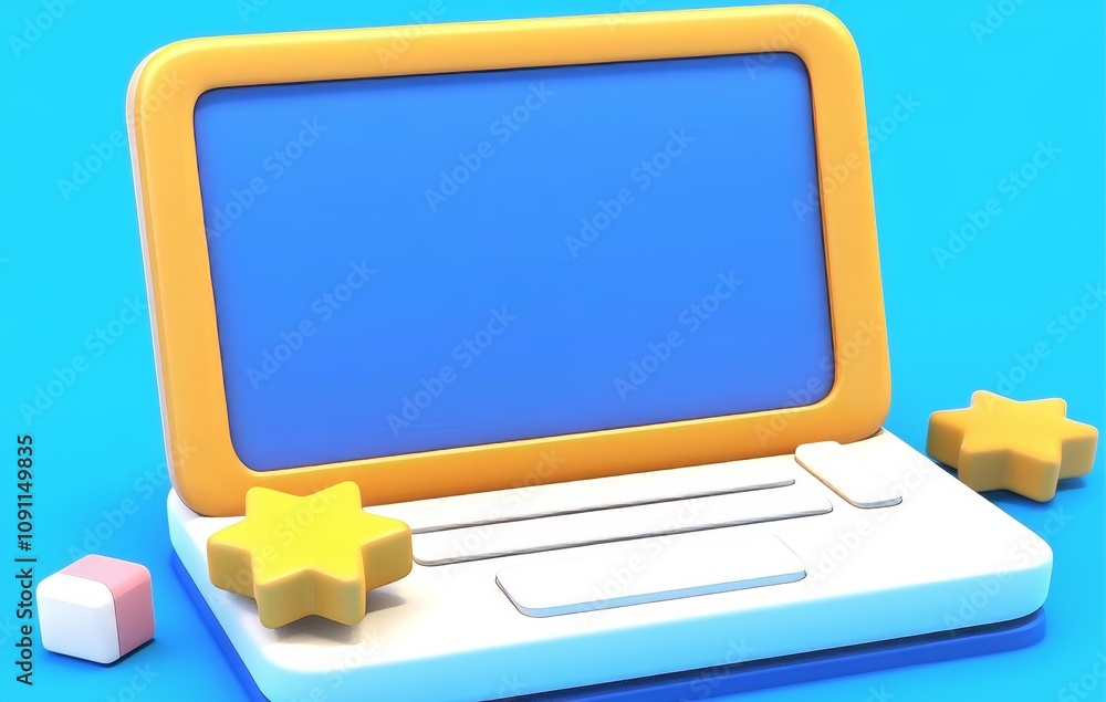 Poster computer and geometric objects mock-up in modern minimal style. computer render in pastel colors. te