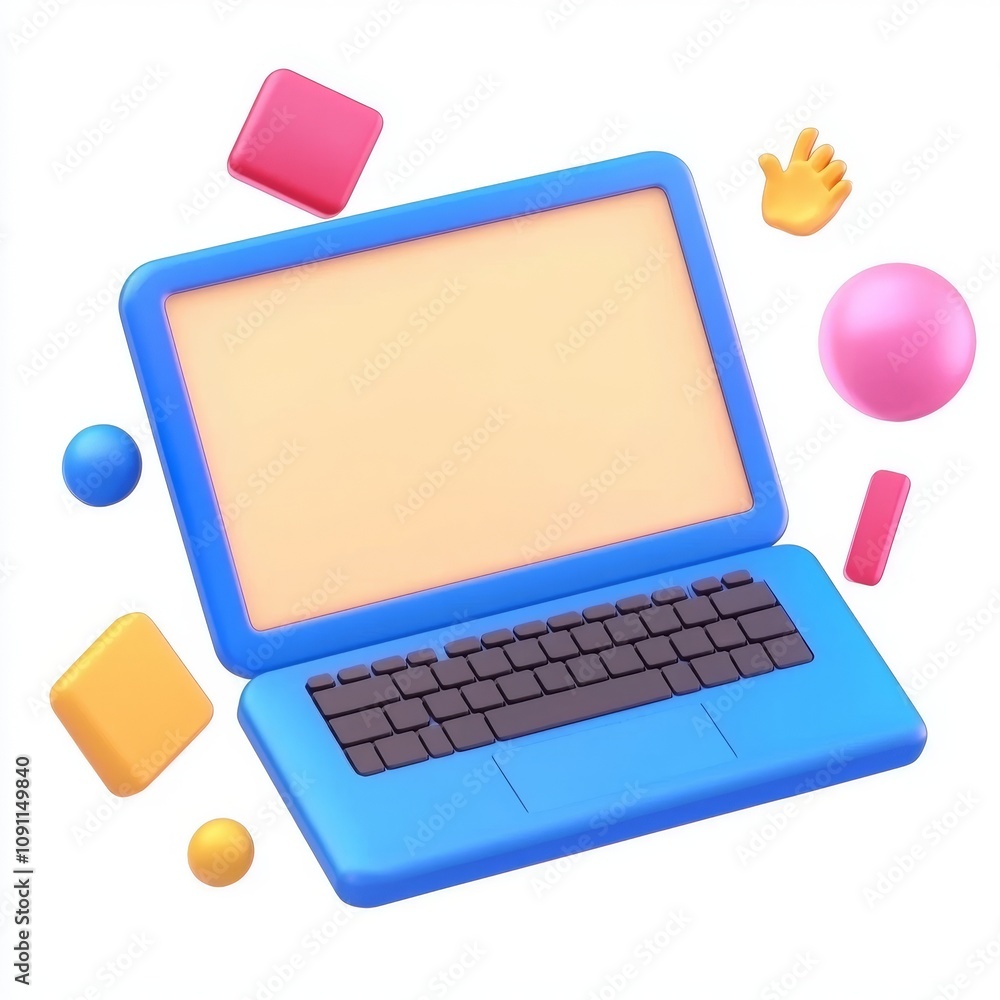 Poster mockup background with laptop and geometric objects in modern minimal style. notebook 3d rendering i