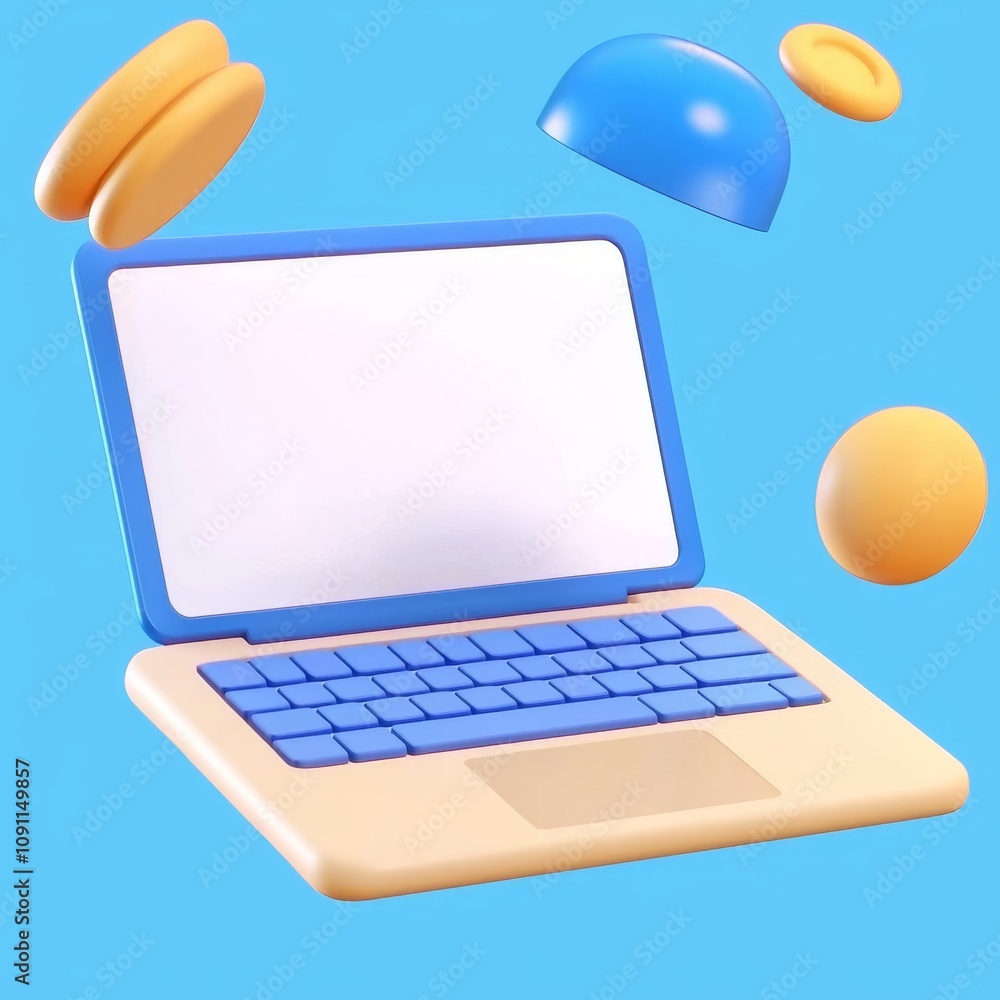 Poster this is a mockup background in modern minimal style with laptops and geometric objects. it is render