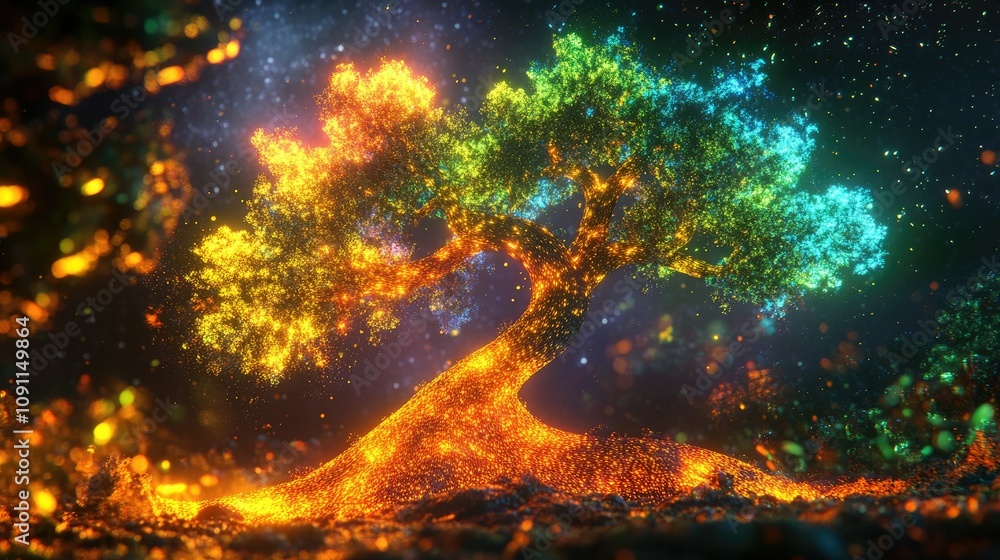 Poster glowing 3d tree with colorful branches