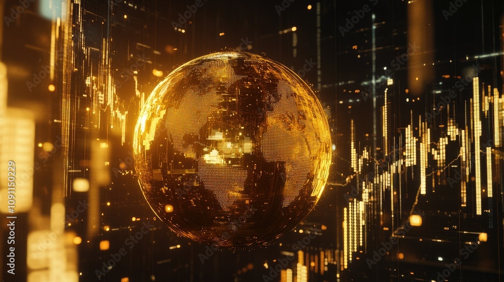 Poster 3d golden globe surrounded by dynamic elements