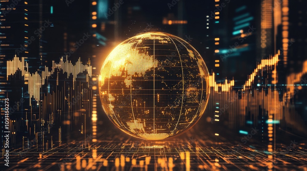 Poster golden 3d globe surrounded by floating elements