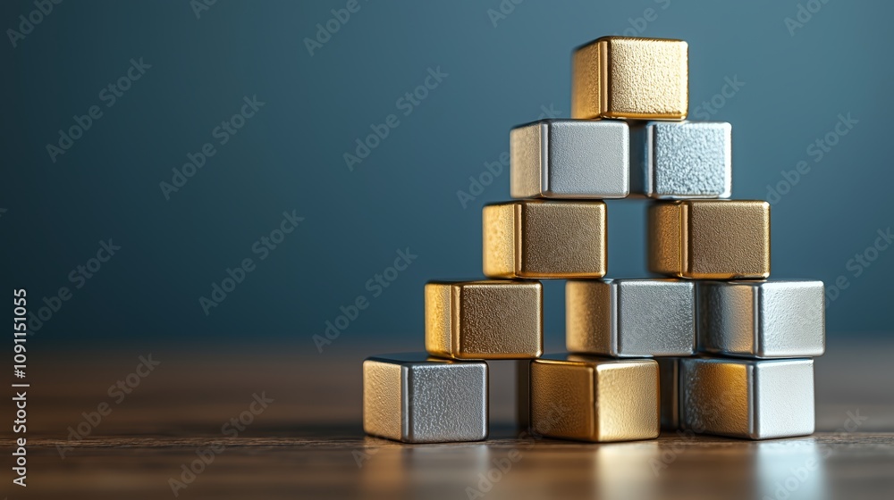 Poster stacked and growing pile of realistic cubes in silver and gold colors set against a calm background 
