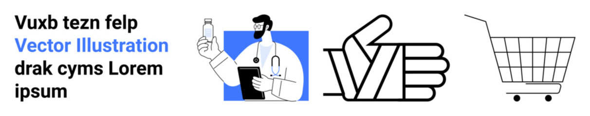 Ideal for healthcare services, e-commerce, and positive feedback themes. Features a doctor, thumbs-up gesture, and shopping cart icon, suitable for business, marketing, education, and tech