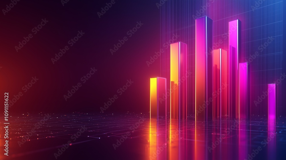 Poster vibrant 3d abstract bar chart illustration with glowing ascending bars in a digital environment, ide