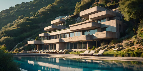 Fototapeta premium futuristic brutalist villa building in the hill, created by generative ai