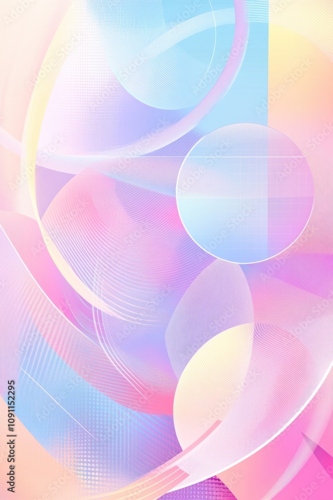 Poster a minimalist composition of overlapping circles and lines in pastel colors, creating an abstract des