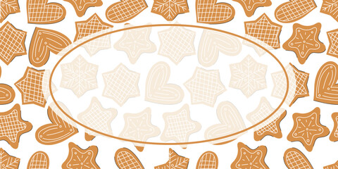 Merry Christmas. Vector seamless pattern with frame for text, advertising, sales with flat gingerbread cookies in heart, star and snowfall shape with white icing. Hand drawn vector flat illustration