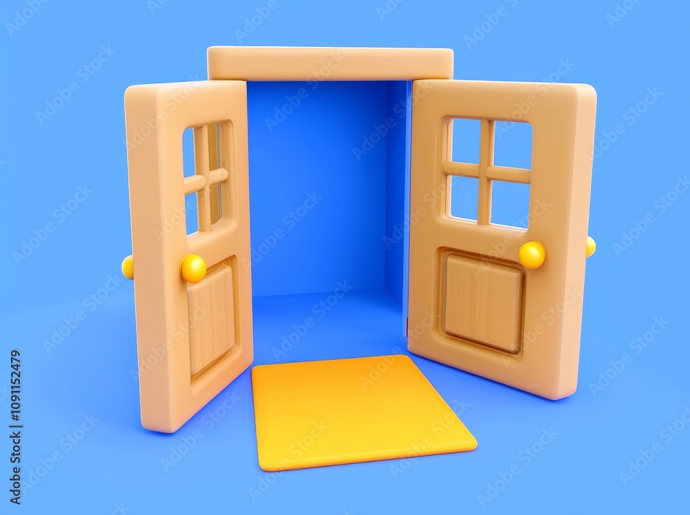 Poster a 3d render showing a yellow light traveling through an open door isolated on a blue background. an 