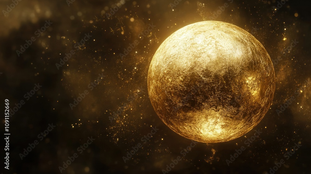 Poster golden shimmering sphere in 3d space
