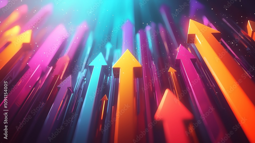 Poster abstract rendering of upward pointing arrows in vibrant colors with a dynamic background, symbolizin