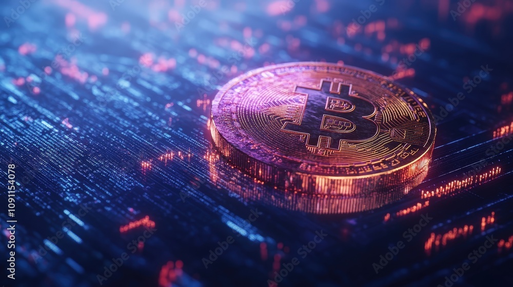 Poster a vibrant bitcoin coin with a sleek, metallic finish set against a background of blockchain code, sy