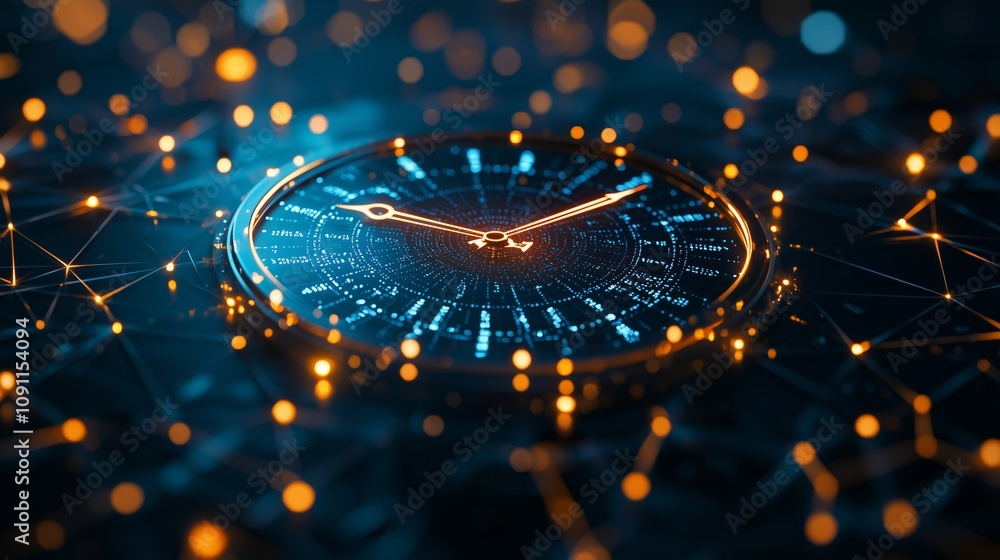 Poster glowing clock illuminating a network of intricate connections at the center, featuring a high-tech d