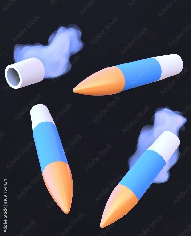 Poster different fired bullets flying in motion with realistic smoke traces. metal bullets fired by a gunsh