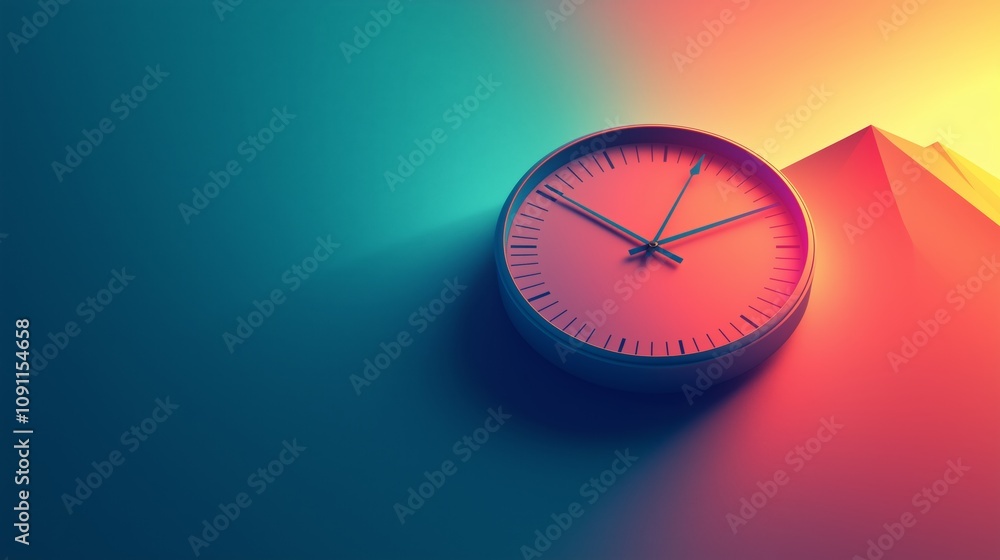 Poster abstract illustration of a clock with its hands stylized in a colorful gradient background featuring