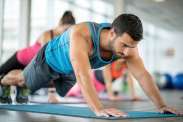 Fototapeta premium A man is engaged in push ups on a workout mat in a contemporary gym setting. Surrounding him, other fitness enthusiasts participate in various exercises, contributing to a lively and energetic atmosph