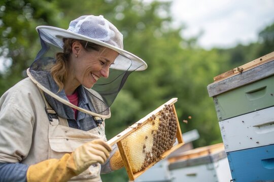 A beekeeper wearing protective gear examines a frame filled with bees and honeycomb in an apiary surrounded by greenery. The joyful expression reflects the satisfaction of working with bees and harves