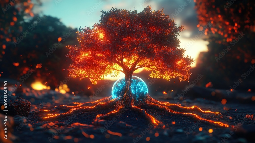 Poster vibrant 3d tree with roots extending into the ground
