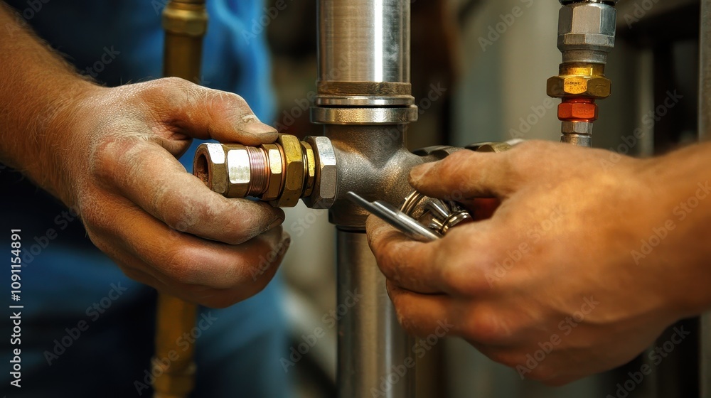 Aufkleber a person is assembling plumbing components, focusing on a connection with tools in hand.