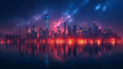 Fototapeta premium Vibrant Neon Cityscape Reflecting in Water at Night