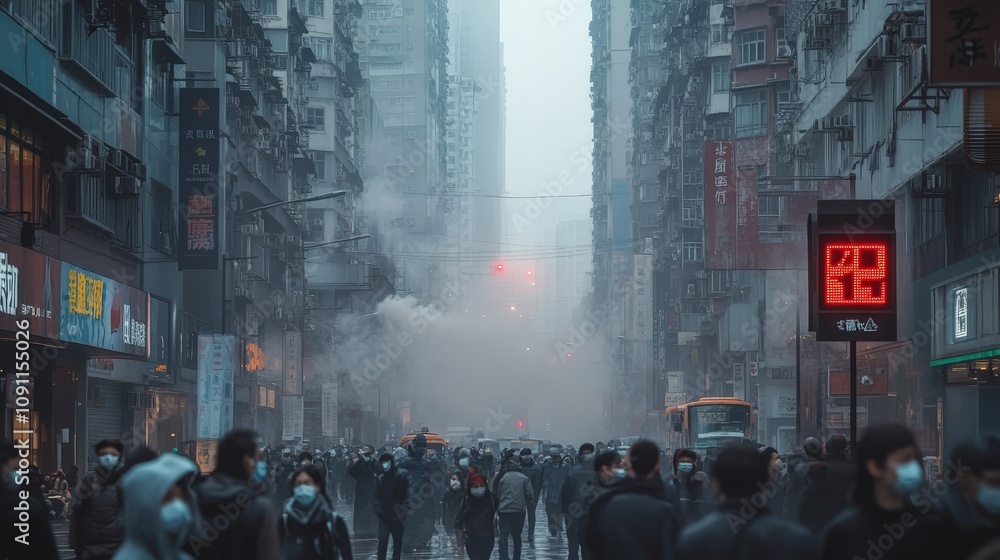 Aufkleber a visual of a densely populated city covered in a thick layer of pm 2.5 dust particles, blurring the