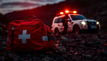 Emergency kit and rescue vehicle in rugged terrain symbolizing disaster recovery and medical aid
