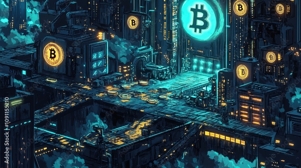 Fototapete A visual of Bitcoin mining with computers solving complex algorithms, with Bitcoin coins appearing as a reward, illustrating the process of mining