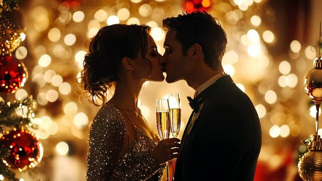Couple sharing a New Year&acirc;&euro;&trade;s Eve kiss at midnight, surrounded by sparkling lights, champagne glasses, and festive decorations. 4K Video