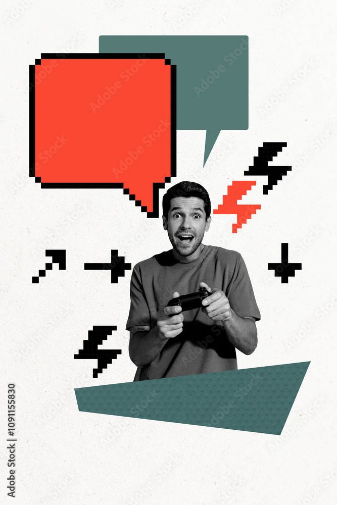 Poster vertical photo collage of happy astonished guy hold game pad controller play retro game bubble commu