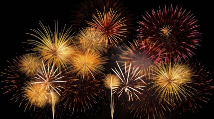 Fototapeta premium Brilliant gold fireworks bursting in a colorful array against a deep night sky, capturing the excitement and joy of a New Year celebration. Isolated on white background 