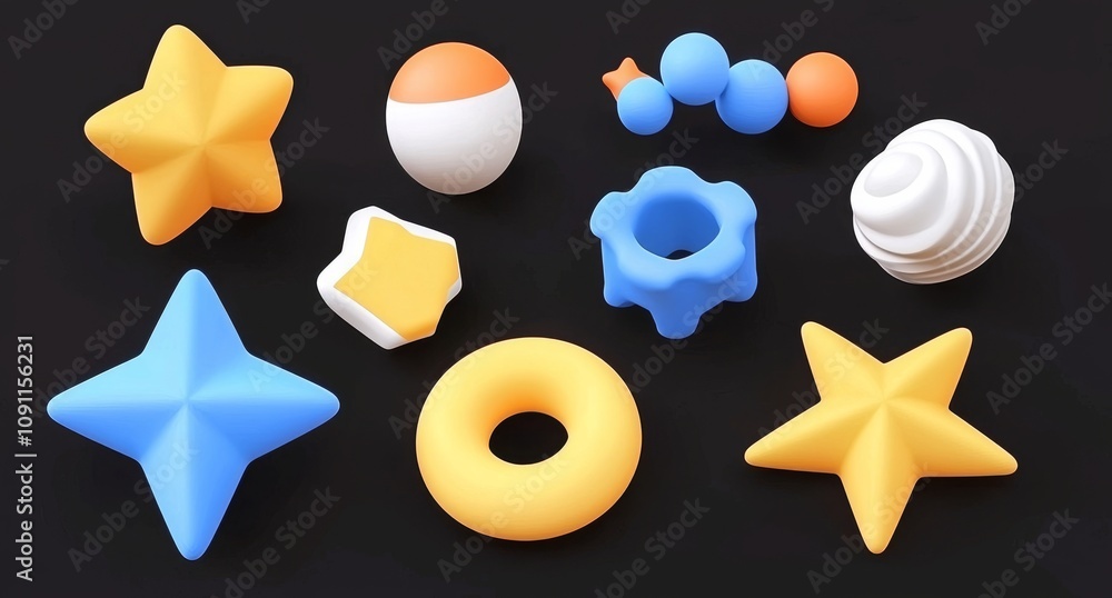 Poster this is a 3d render of assorted geometric shapes. different icons, signs and symbols are included in