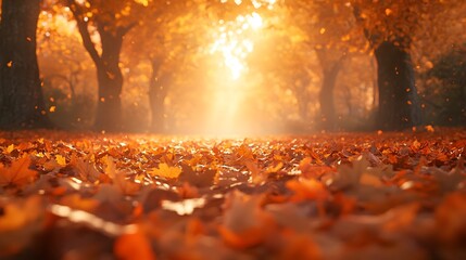 Misty autumn forest scene with golden maple leaves carpeting ground, featuring sun rays filtering through trees and creating ethereal atmosphere with dramatic fall colors.
