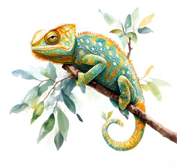 Obraz premium Isolated chameleon perched on a branch, with a detailed full-body illustration against a white background.