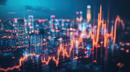 A digital cityscape with glowing data graphs representing financial trends and analytics.