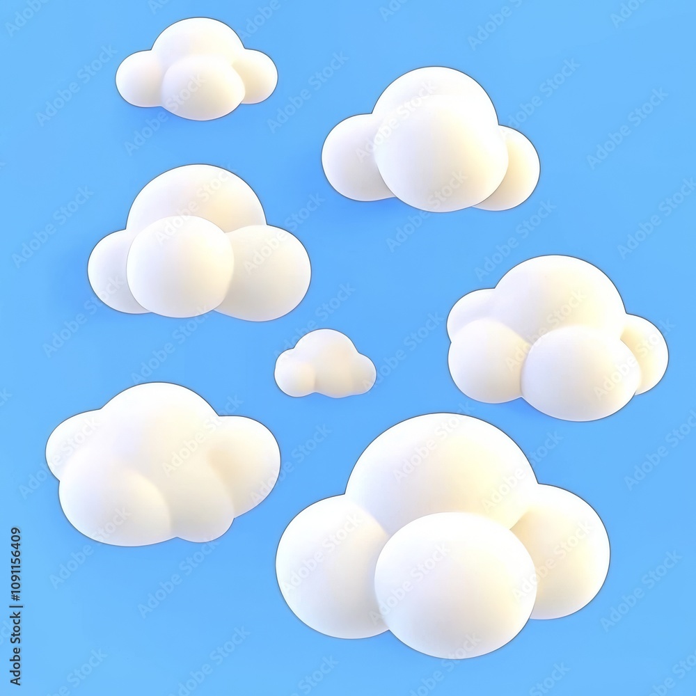 Poster an illustrated set of clouds in 2d. objects rendered in 3d with realistic details