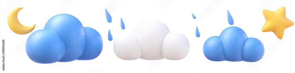 Poster a set of 3d rendered weather icons with the sun shining, clouds, lightning, and the forecast of snow