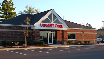 Rural clinic with urgent care sign, brick structure, and parking area