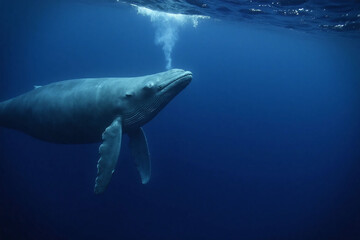 Naklejka premium Humpback whale swimming in open ocean with pectoral fin