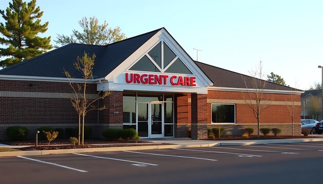 Rural clinic with urgent care sign, brick structure, and parking area