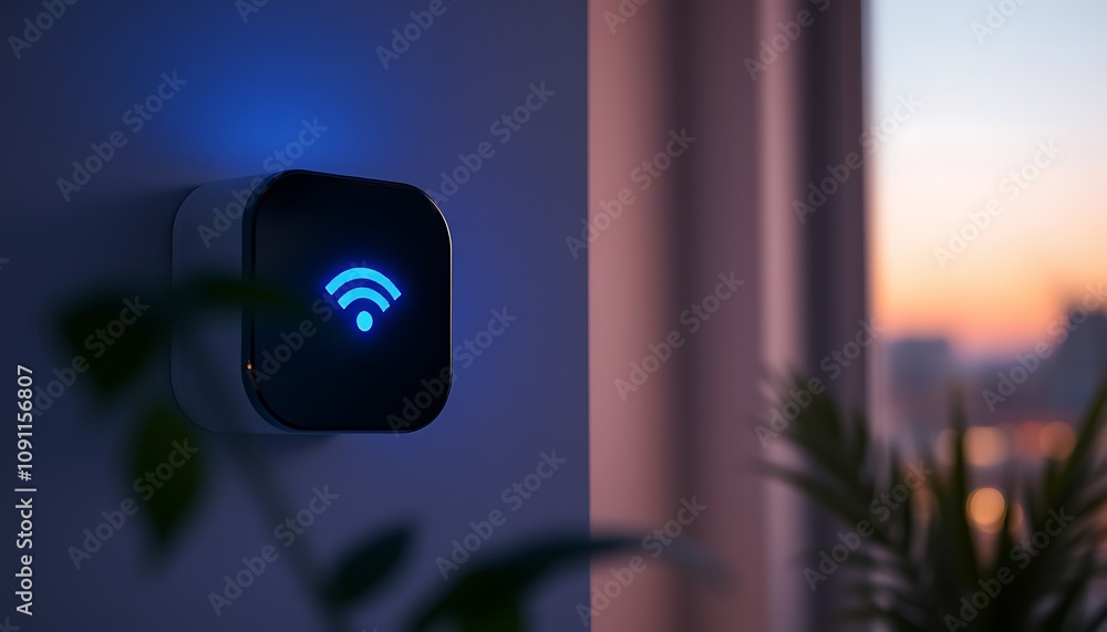 Poster smart device on wall with wifi symbol representing iot security and connectivity