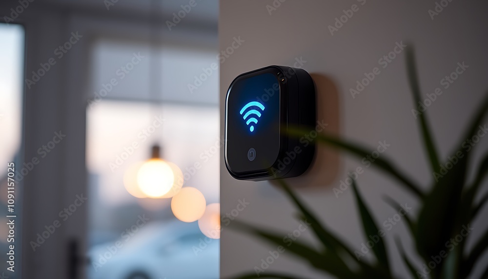 Poster smart device on wall with wifi symbol representing iot security and connectivity
